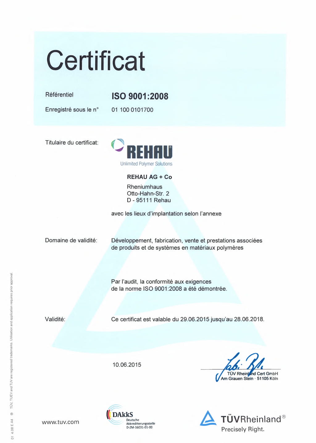 certificat REHAU